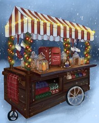 Festive Christmas market stall illustration with snowfall, lights and decorations, winter holiday mood.