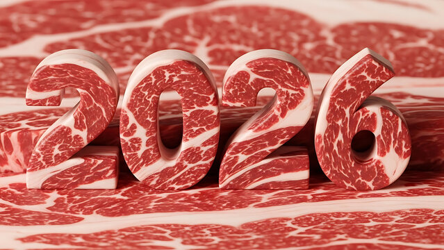 The year 2026 creatively rendered using marbled raw beef steak textures symbolizing food industry predictions or upcoming trends in meat production and consumption