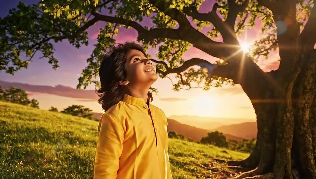 A young girl standing under a tree in a field at sunset