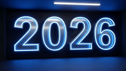 Futuristic three dimensional rendering displays the year 2026 illuminated by vibrant blue neon light in a dark modern setting representing upcoming time
