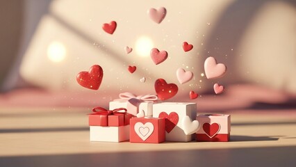 Floating Valentine's Day gift boxes with hearts and romantic celebration ambiance