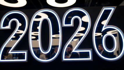Prominent illuminated digital signage displaying the future year twenty twenty six suggests an upcoming conference event or business projection within a modern convention hall setting