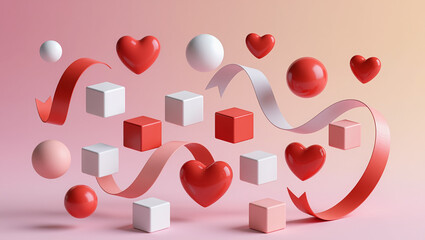 3D geometric Valentine&rsquo;s scene with floating hearts, cubes, spheres, and ribbons in red, coral, blush, and white over a soft pink-to-peach gradient.