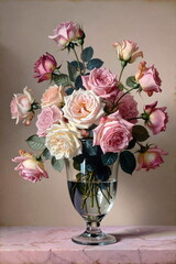 Vase with flowers , floral wall art, artwork, pale pink roses flowers arranged in a glass vase, blush color palette. Still life composition