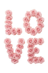 Word LOVE made of pink roses buds isolated cutout object on transparent background top view. Romantic, holiday, Valentine's day, wedding, birthday, Mother's day, day concept