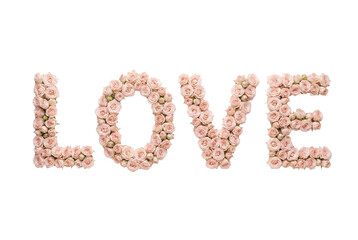 Word LOVE made of pink roses buds isolated cutout object on transparent background top view. Romantic, holiday, Valentine's day, wedding, birthday, Mother's day, day concept