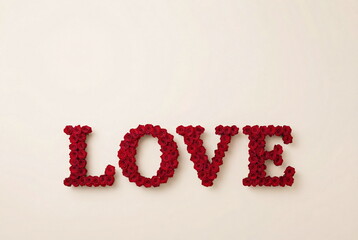 Word LOVE made of red roses buds isolated cutout object on transparent background top view. Romantic, holiday, Valentine's day, wedding, birthday, Mother's day, day concept