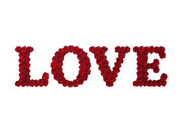 Word LOVE made of red roses buds isolated cutout object on transparent background top view. Romantic, holiday, Valentine's day, wedding, birthday, Mother's day, day concept