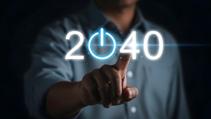 Person pointing at futuristic glowing 2040 text with clock icon