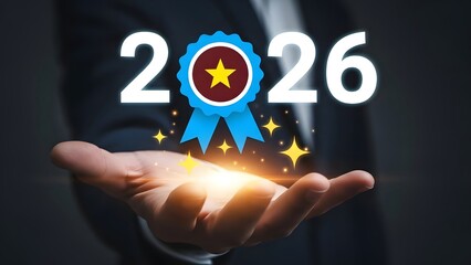 2026 award ribbon held in a hand with glowing stars and light