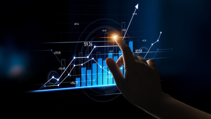 A modern digital interface illustrates data visualization with graphs and metrics, depicting growth trends. A hand interacts with the touchscreen, showcasing analytics and insights. Scalp