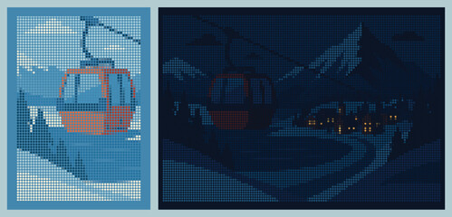 Ski Lift Gondola in Snowy Mountain Village Halftone Dot Matrix Poster © MSTMAYA