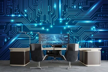 Futuristic office interior design featuring a glowing blue circuit board pattern on the wall and modern furniture