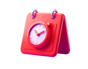 3D Red Calendar with Floating Clock Badge, Front View, Website Reminder Icon, isolated on purple background