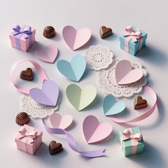 Top-down 3D arrangement of paper hearts, lace, ribbons, chocolates, and pastel gift boxes on a minimal background with soft natural lighting.
