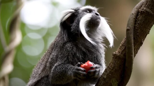 Emu Tamarin monkey eating fruit in tree with vibrant white whiskers