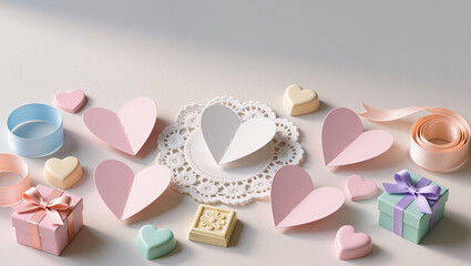 Top-down 3D arrangement of paper hearts, lace, ribbons, chocolates, and pastel gift boxes on a minimal background with soft natural lighting.