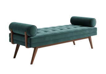 Teal velvet bench with bolsters isolated on transparent background