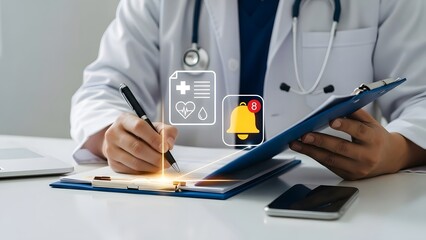 A medical professional writes on a clipboard with a phone and alert icons displayed