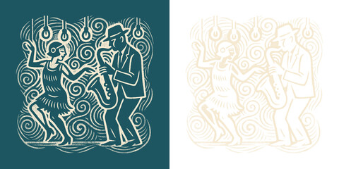 Flapper dancing with saxophone player jazz band