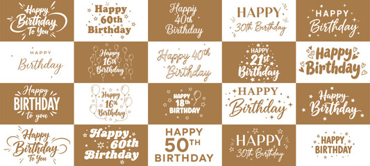 Happy birthday celebration concept. Greeting birthday party lettering with celebration hand drawn elements, decorative invitation card vector set. anniversary black and gold handwritten inscription