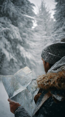 Person looking at map in snowy forest, navigation and adventure theme.