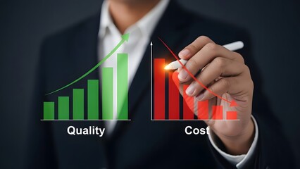 Businessman drawing a graph showing increasing quality and decreasing costs