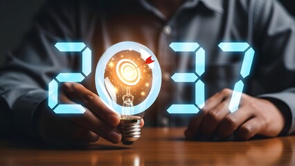 Businessman holding a lightbulb with gears and 2037 digital numbers
