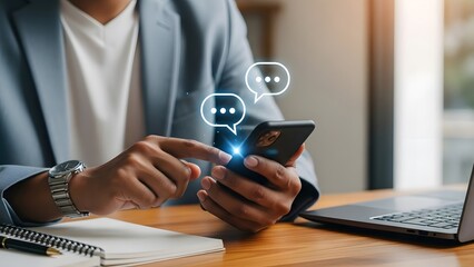 Businessman using smartphone with chat bubbles while working on laptop