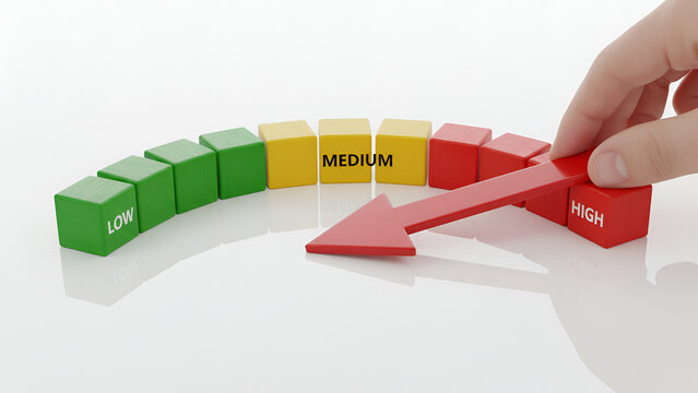 Risk Assessment Gauge: Colored Block Sequencing with Hand Pointing to High Risk &ndash; Priority & Decision Making Concept

