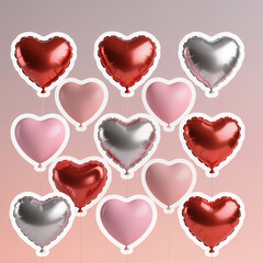 3D heart-shaped balloons in metallic and matte finishes float over a blush-to-coral gradient, softly lit for elegant, modern Valentine&rsquo;s Day visuals.