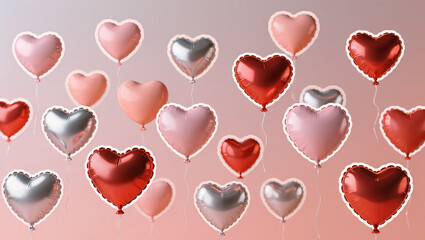 3D heart-shaped balloons in metallic and matte finishes float over a blush-to-coral gradient, softly lit for elegant, modern Valentine&rsquo;s Day visuals.