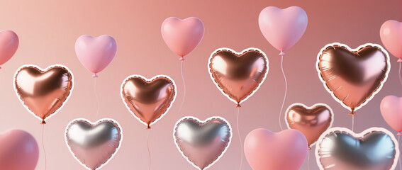 3D heart-shaped balloons in metallic and matte finishes float over a blush-to-coral gradient, softly lit for elegant, modern Valentine&rsquo;s Day visuals.
