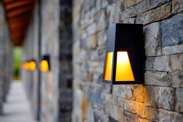 Modern black wall-mounted outdoor lamps casting warm light along a rustic stone corridor with a wooden roof in the background during dusk ambiance