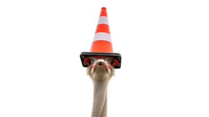 Funny Ostrich Wearing Traffic Cone Helmet on Head Isolated on White Background
