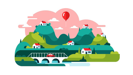 Illustration of Houses and Mountains with Balloon.