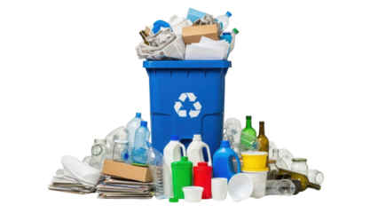 A blue recycling bin overflowing with various recyclable materials, including plastic bottles and paper.
