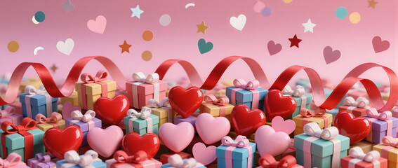 3D scatter of heart candies, gift boxes, ribbons, paper hearts, and confetti over a soft pink gradient. Warm, layered, and perfect for Valentine&rsquo;s Day visuals.