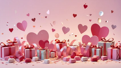 3D scatter of heart candies, gift boxes, ribbons, paper hearts, and confetti over a soft pink gradient. Warm, layered, and perfect for Valentine&rsquo;s Day visuals.