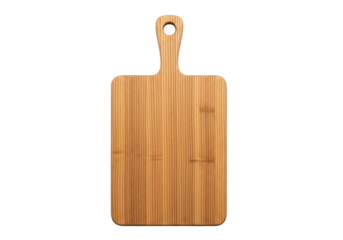 A brand new, rectangular wooden cutting board with light brown vertical grain and a circular handle, centered on a transparent background with copy space, concept of premium kitchenware quality