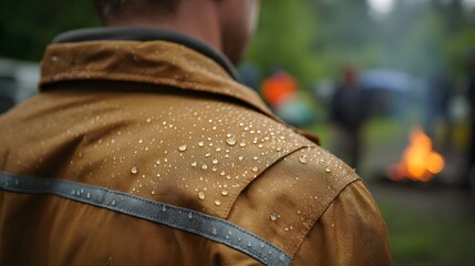 Water droplets collect on the textured surface of a tan jacket with a blurred outdoor campsite and warm campfire in the background