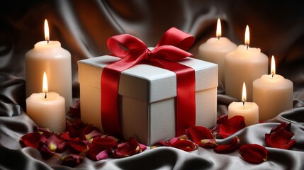 A white box with a red ribbon sits on a table with candles and rose petals