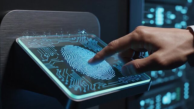 Fingerprint identification process with human hand on a futuristic security scanner for access control and authentication