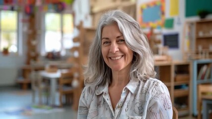 A smiling woman with silver hair wearing a light-coloured shirt embodies warmth and professionalism — a suitable background for educational materials or social advertising.
