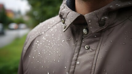 Close up of a brown jacket covered in raindrops with a blurred outdoor background