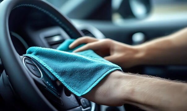 Hands taking care of steering wheel during auto detailing car inside service