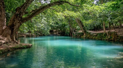 Fototapeta premium Lush tropical forest canopy arches over brilliantly blue and green natural spring water.