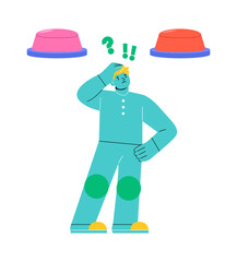 Man choosing button to push. Concept of difficult choice between two options. Colorful vector illustration