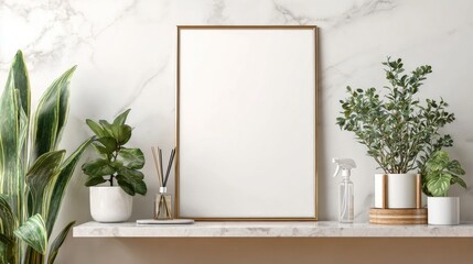 Blank gold frame on a marble shelf with houseplants and home decor