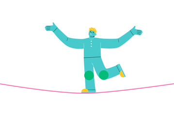 Man walking on balancing slackline rope. Colorful vector illustration